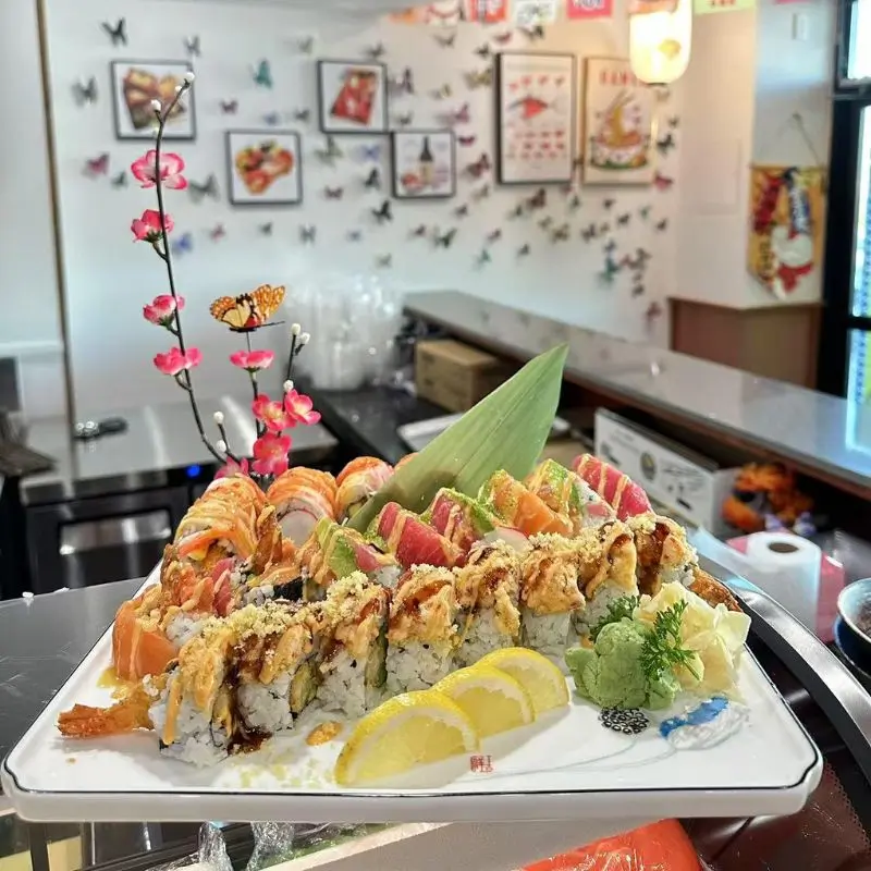 A variety of sushi rolls and slices, beautifully arranged on a large plate.