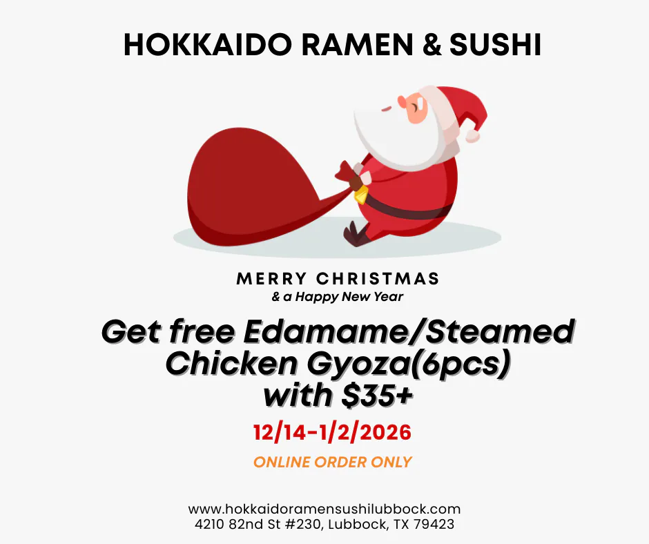 Christmas promotion poster for Hokkaido Ramen & Sushi: free edamame or chicken gyoza with $35+ online orders.